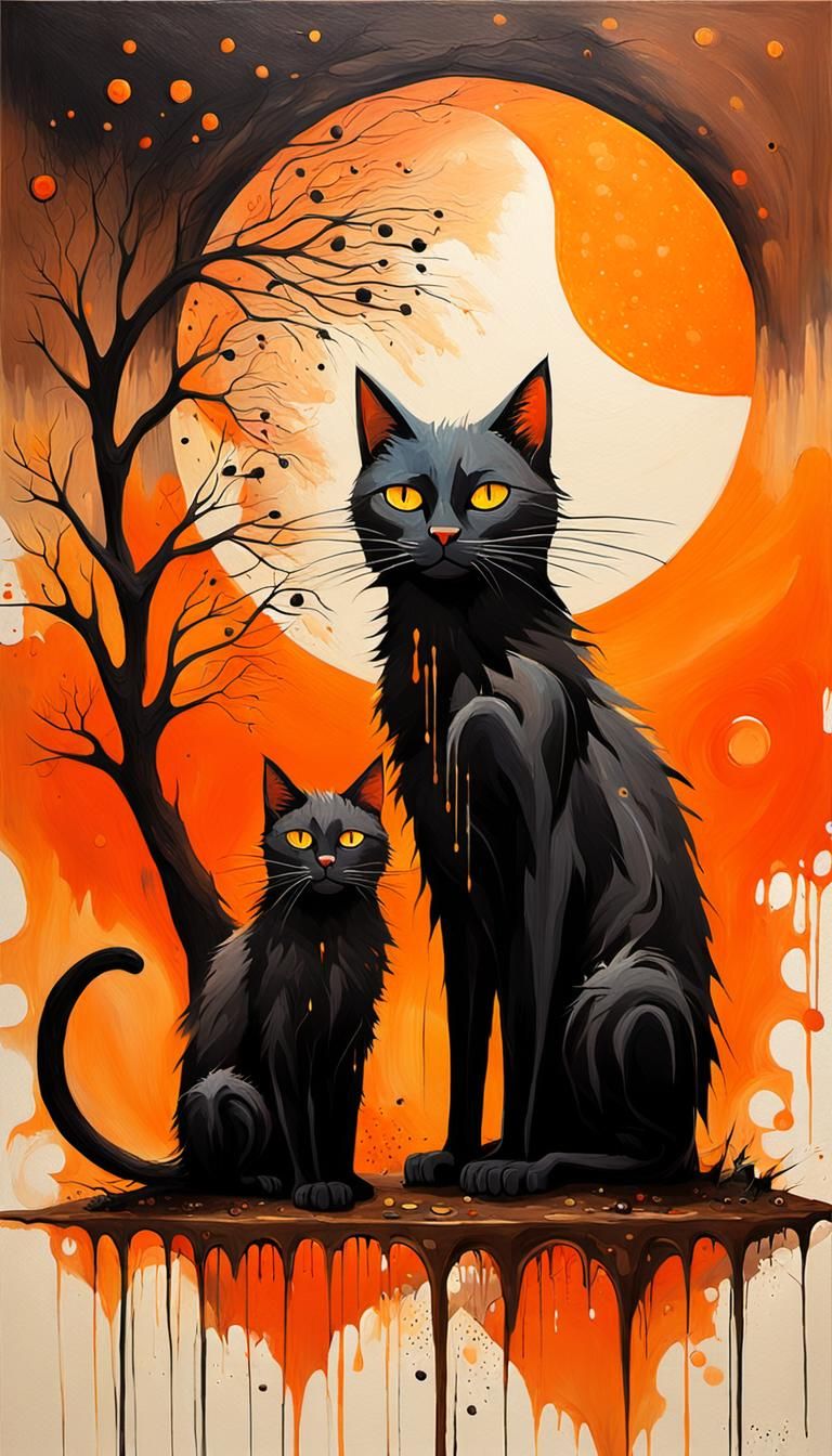 Surreal, abstract painting featuring two black cats with exa...