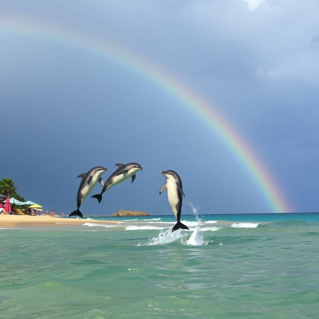 Dolphins Jumping with Rainbow