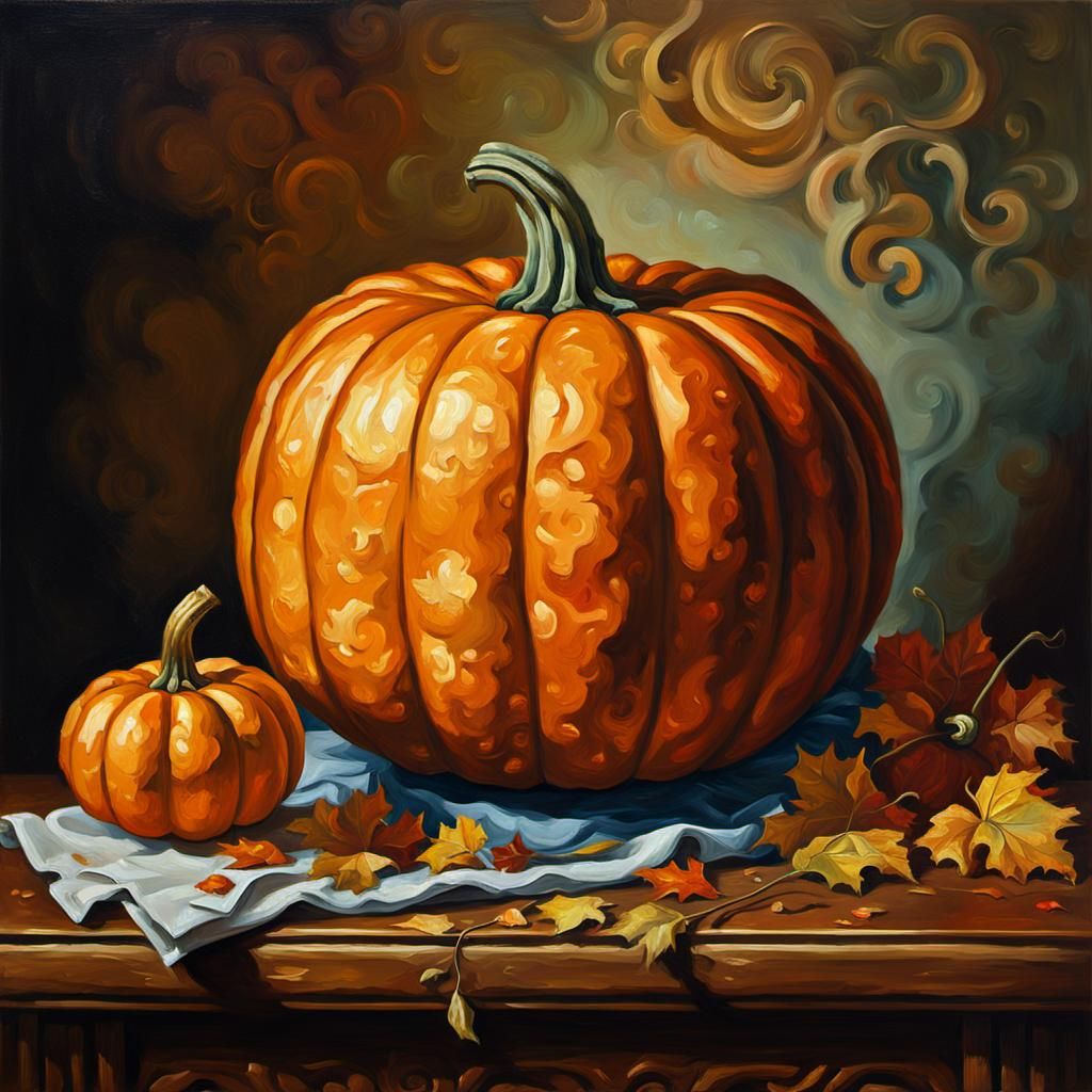 Baroque Pumpkin Still Life in Impasto Oil Painting