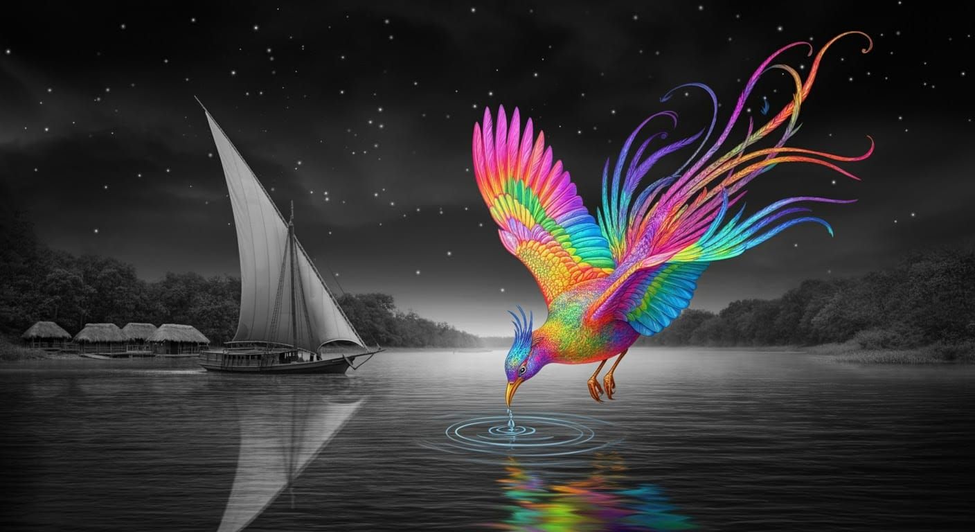 Rainbow Bird Drinking: Black and White River Scene