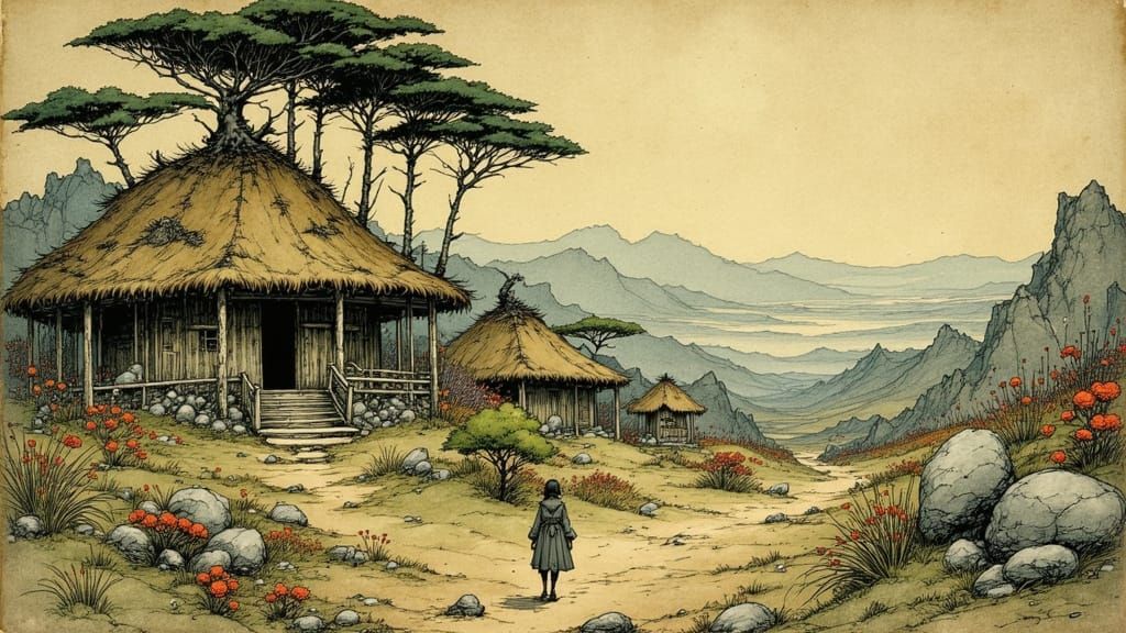 Alien Kibbutz in Rackham Style Illustration