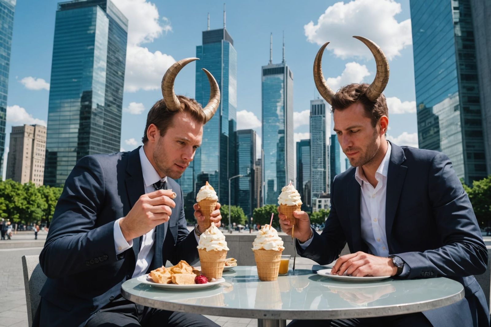 Cityscape: Horned Figures Enjoy Ice Cream