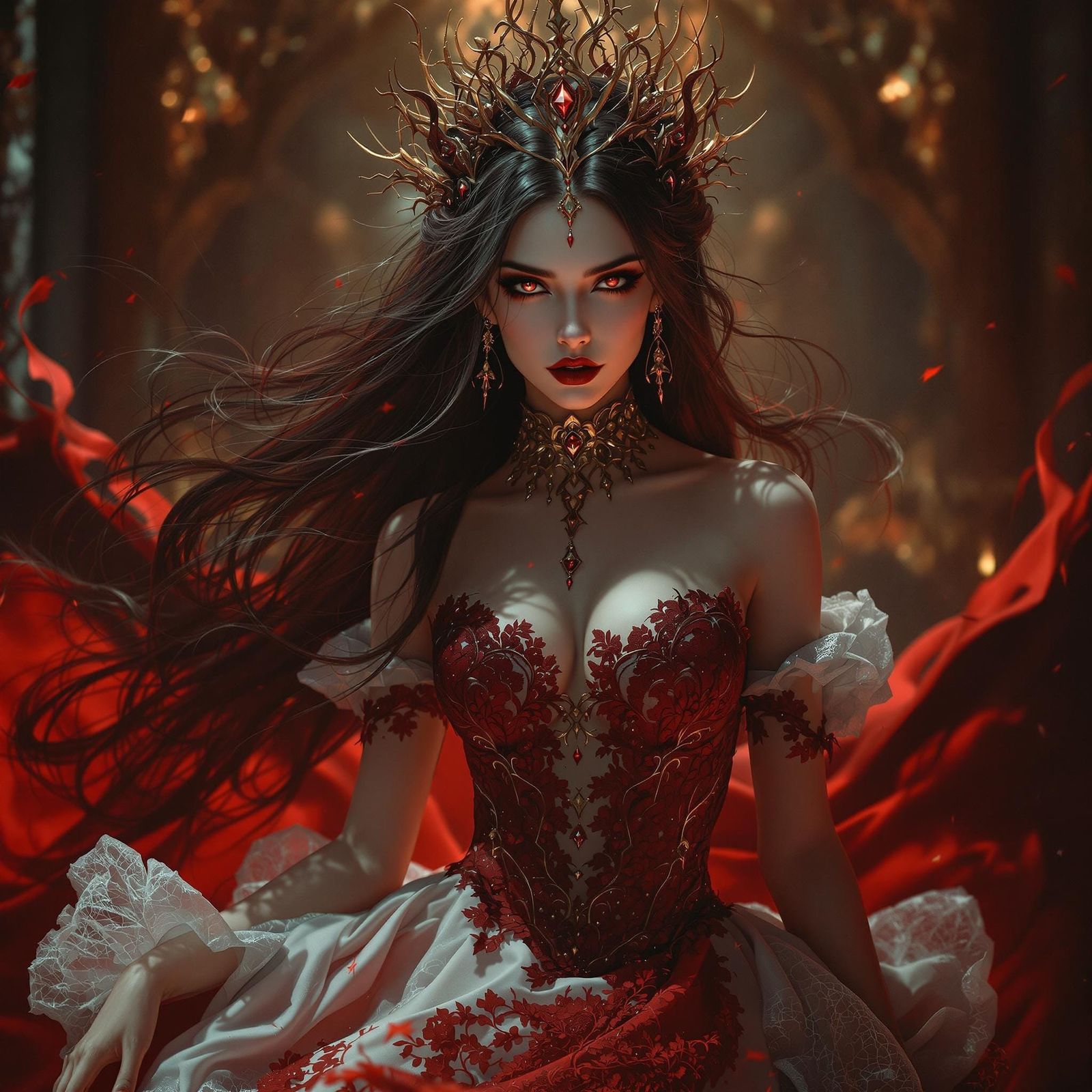 Vampire Princess in Elegant Lace Ball Gown