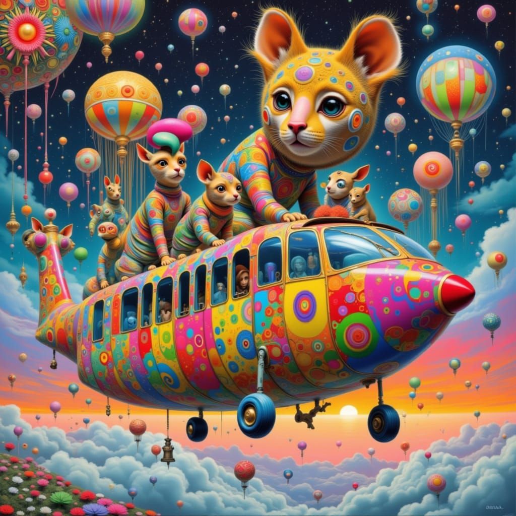 Psychedelic Animals Ride Balloon Helicopters in Surreal Sky
