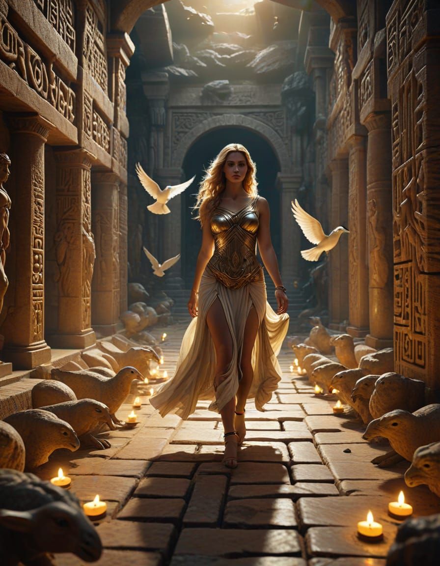 Aphrodite Enters the Underworld Maze in Eerie, Ancient Style