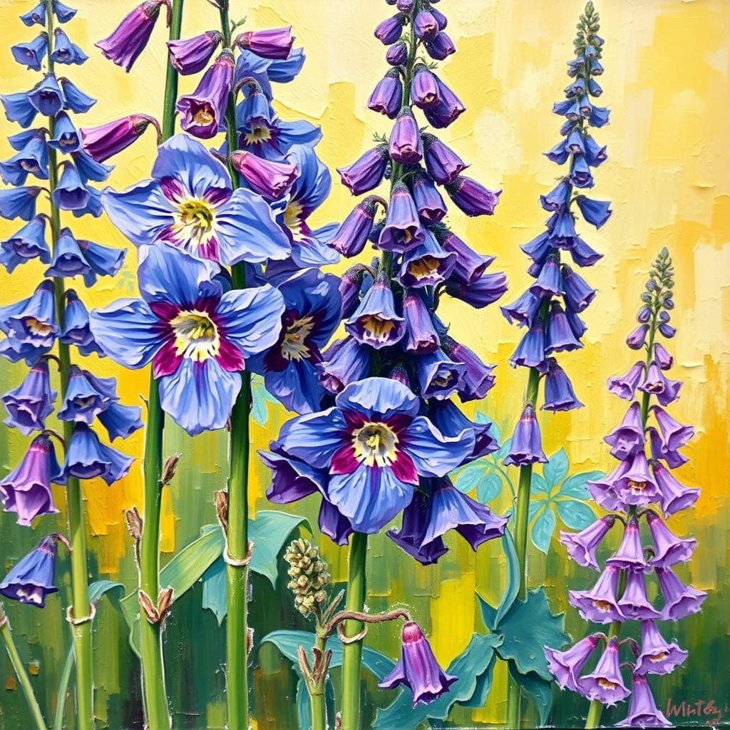 Delphinium and Monkshood Flowers in Impasto Style