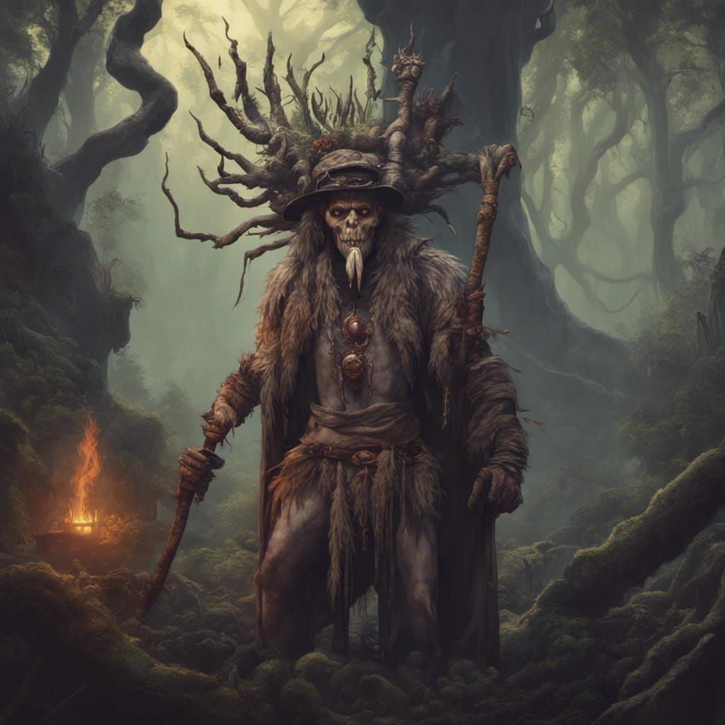 Menacing Witch Doctor in Spooky Forest, Hyperrealism