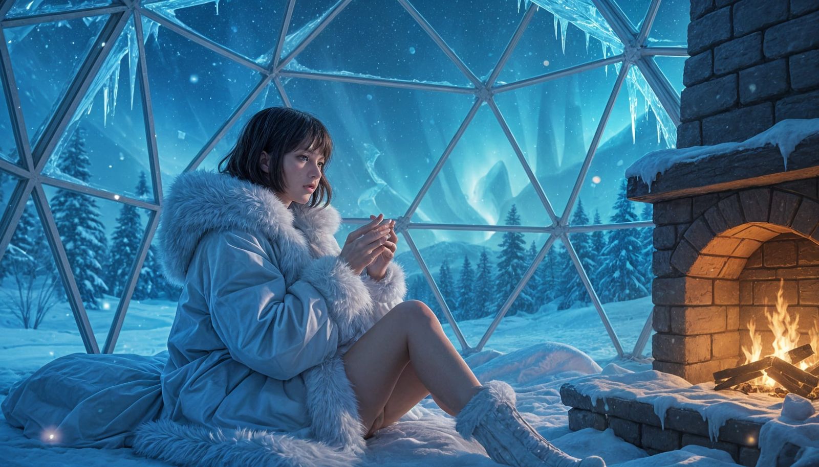 Crystalline Ice Dome Interior with Woman by Fire