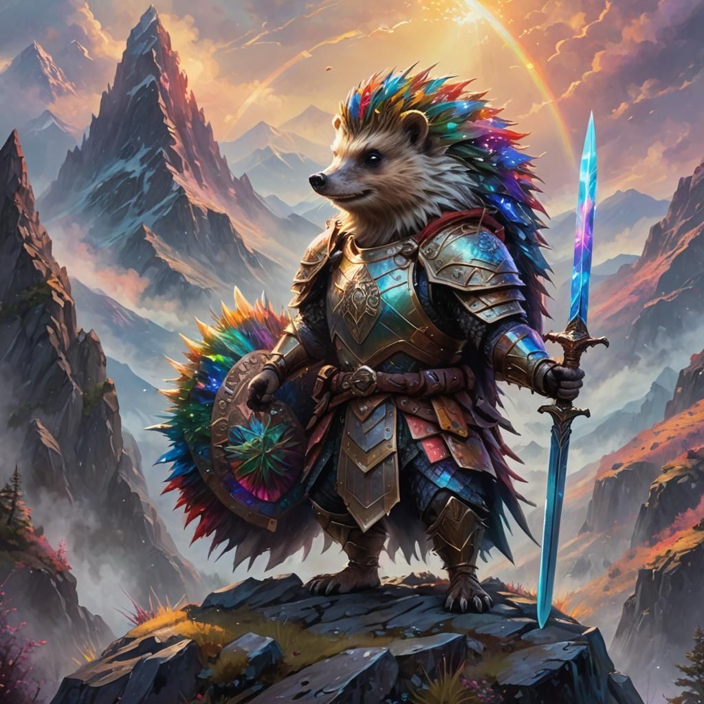 Victorious Hedgehog Warrior on Misty Mountain Peak