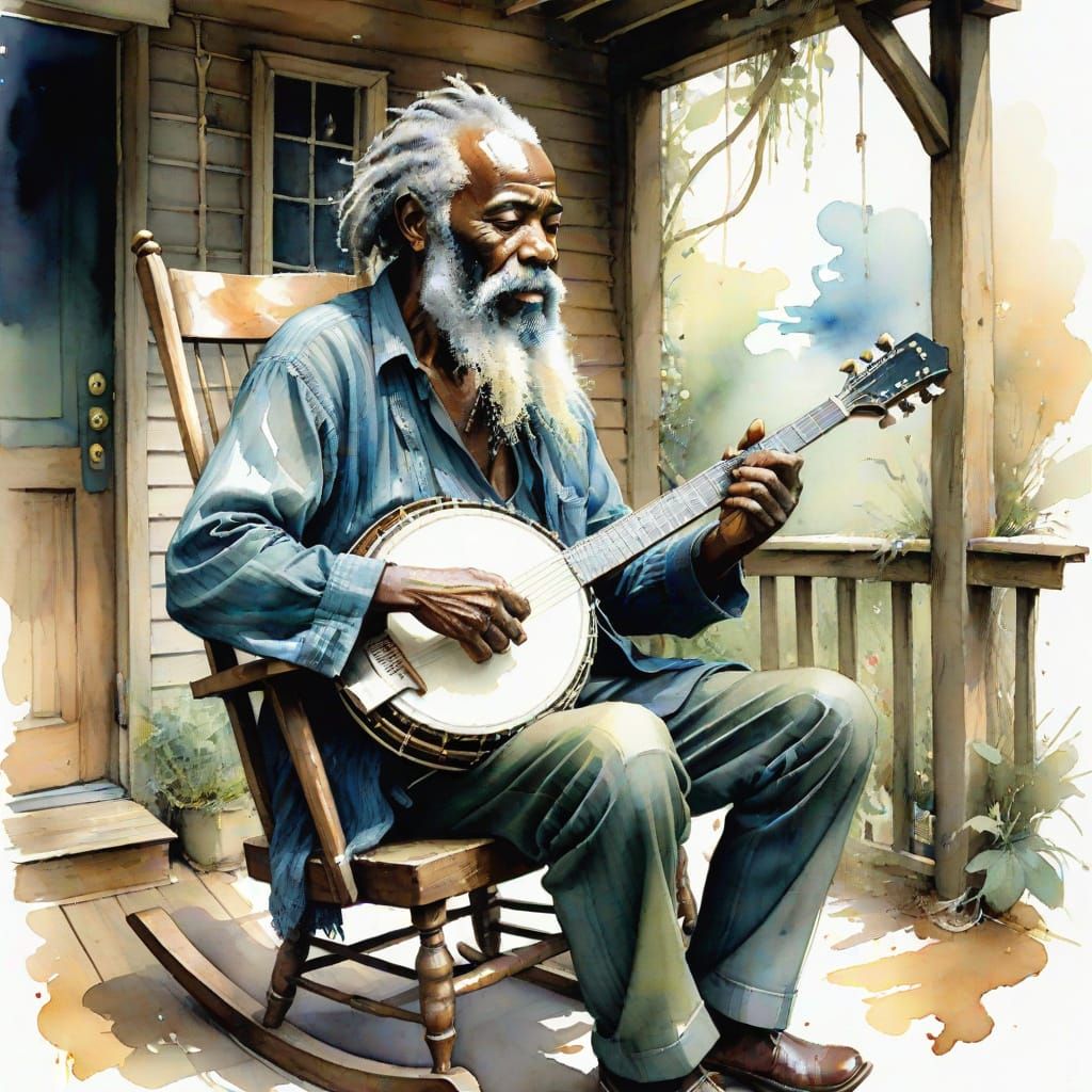 Banjo Player in Rocking Chair Watercolor Painting