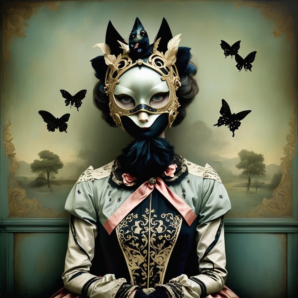 Woman in Bird Mask with Black Cats
