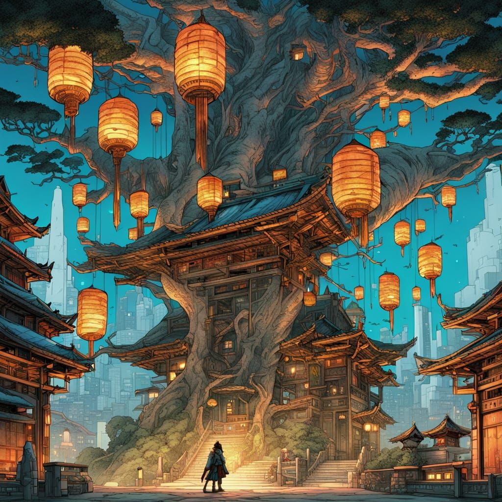 Cyberpunk Elven City in Ancient Tree, Manga Style