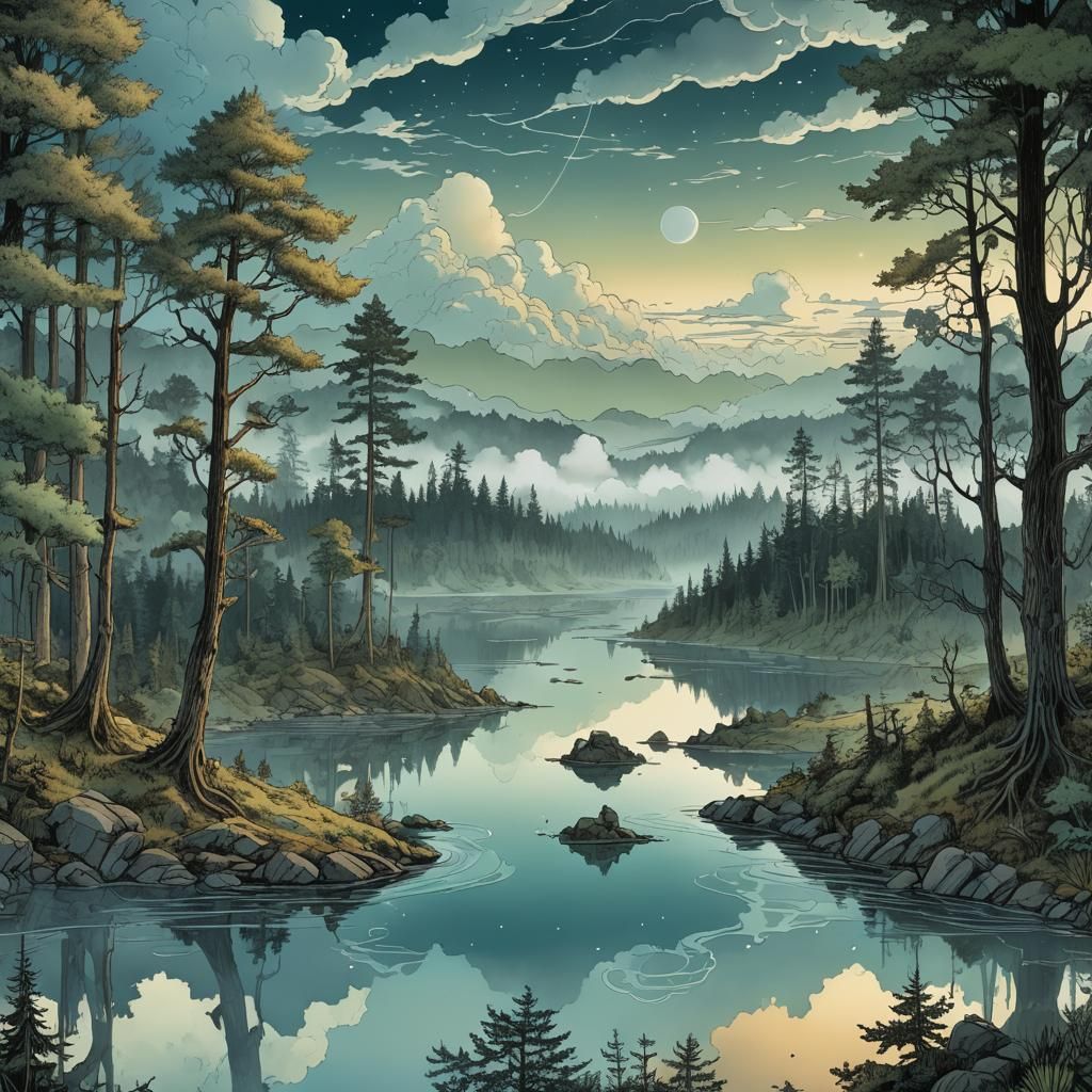 Dusk Forest Lake Panoramic Digital Illustration