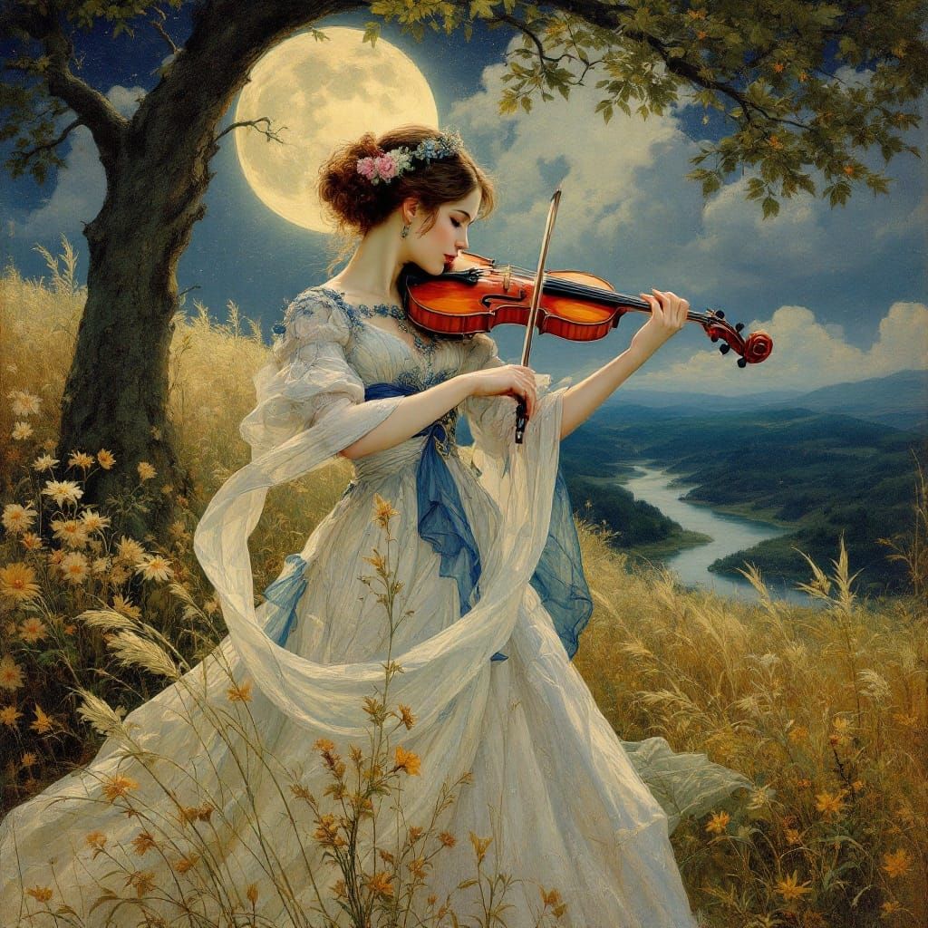 A Victorian Violinist Under the Soft Glow of a Moonlit Night