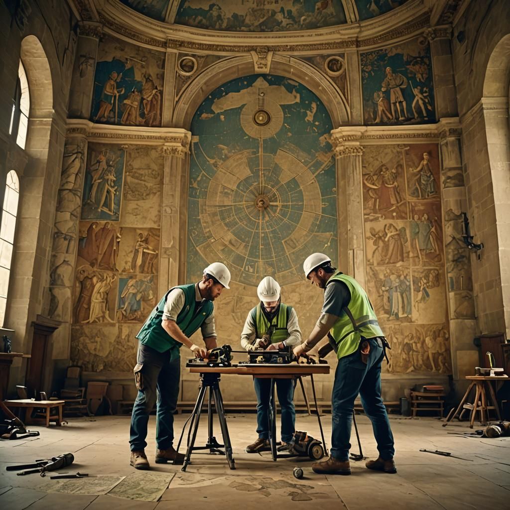 Geologists Drill in Renaissance Hall: Cinematic Film Still