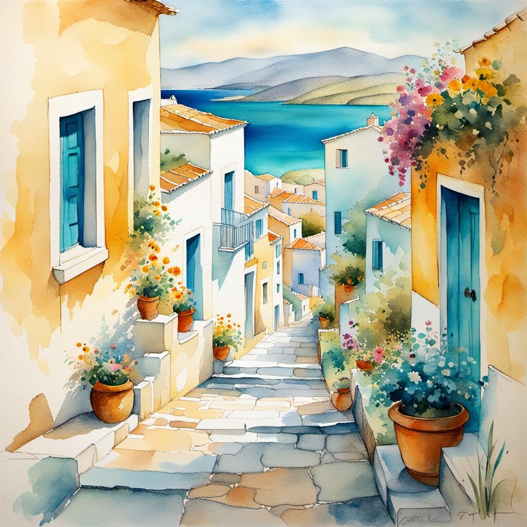 Greek Village Street Watercolor Painting