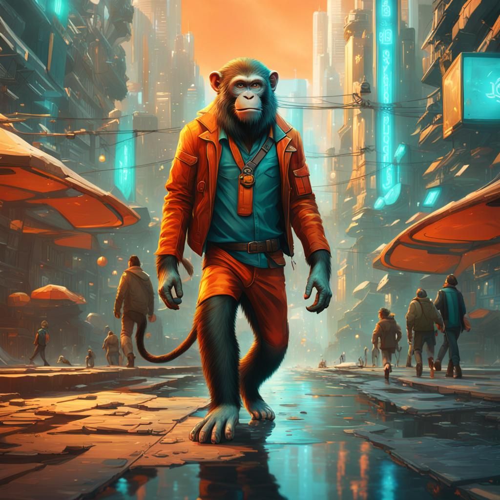 Monkey in Futuristic City: Dynamic Lighting Art