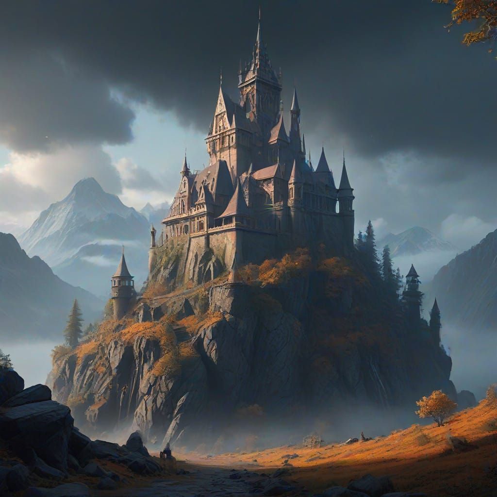 Fantasy Castle in Eerie Fog with Moody Lighting