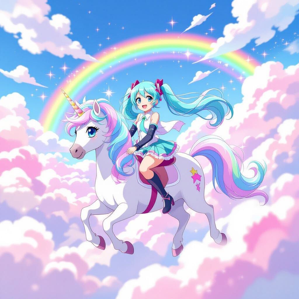 Hatsune Miku Rides a Unicorn Through Rainbow Clouds