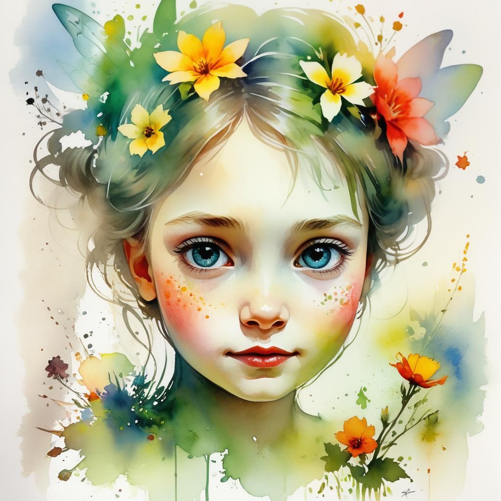 Floral Tinkerbell Portrait in Watercolor Style