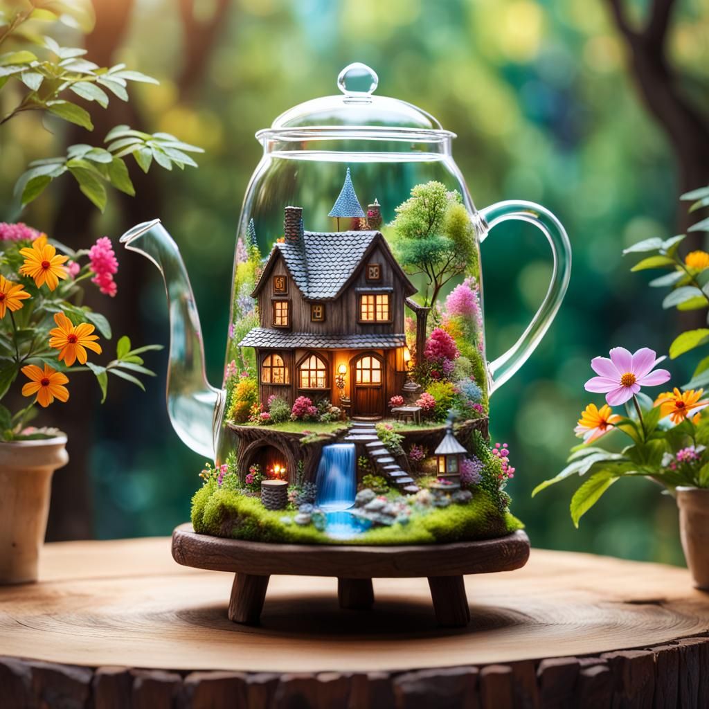 Fantasy Village in Coffee Pot: Dreamy Miniature Scene