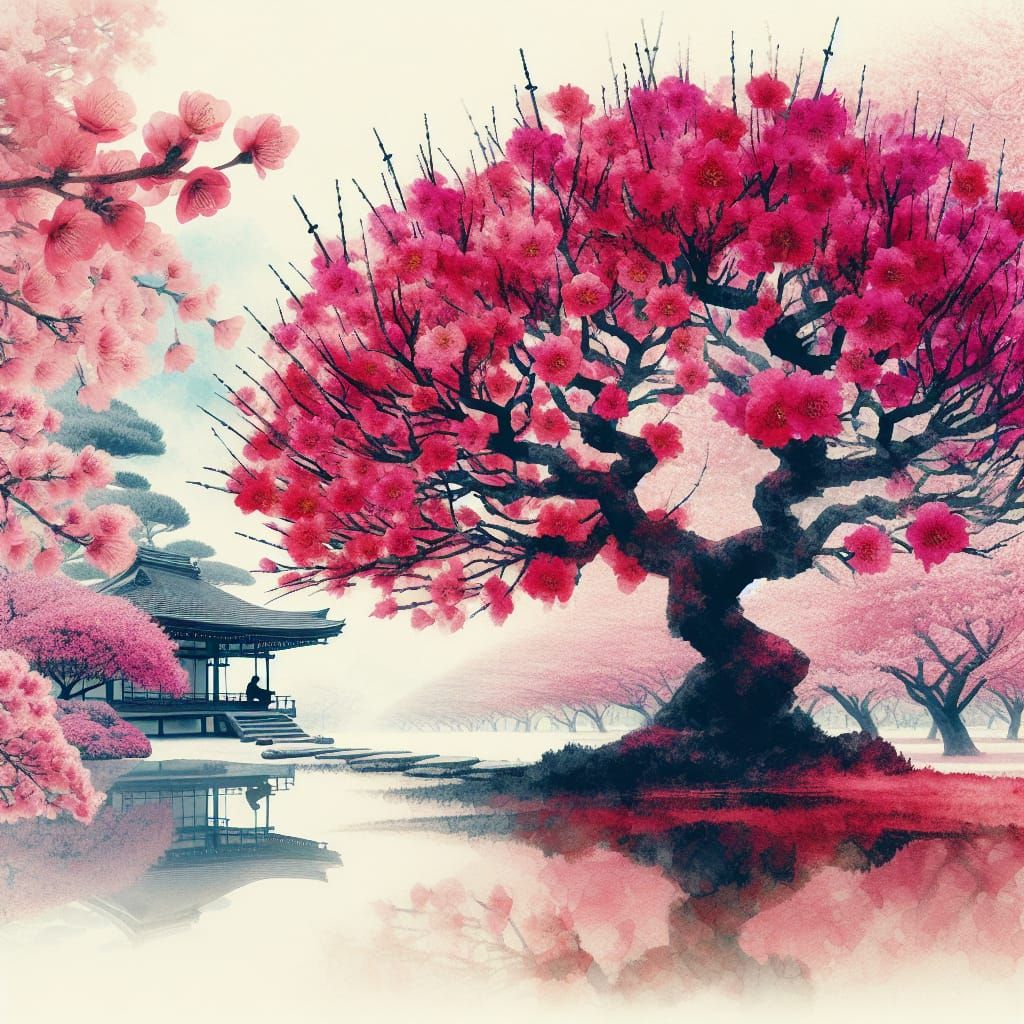 Amaranth Cherry Blossom Tree in Watercolor Style