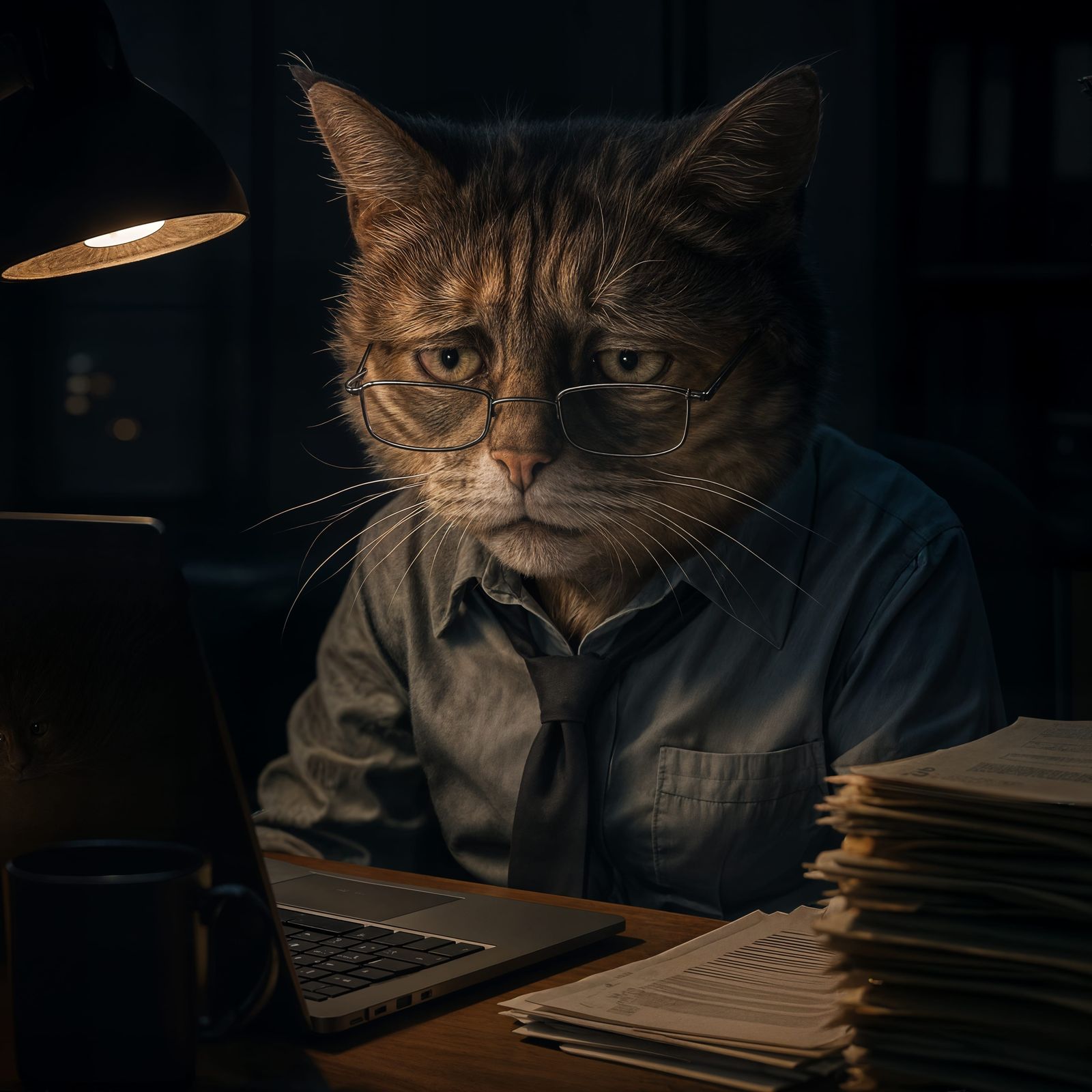 Tired Cat Office Worker: Detailed CGI Rendering