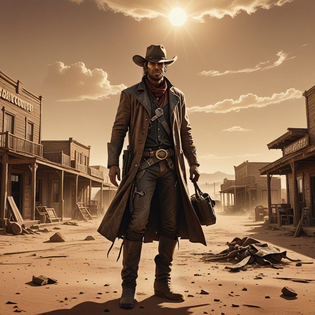 Grim Cowboy in Sun-Drenched Desert Town