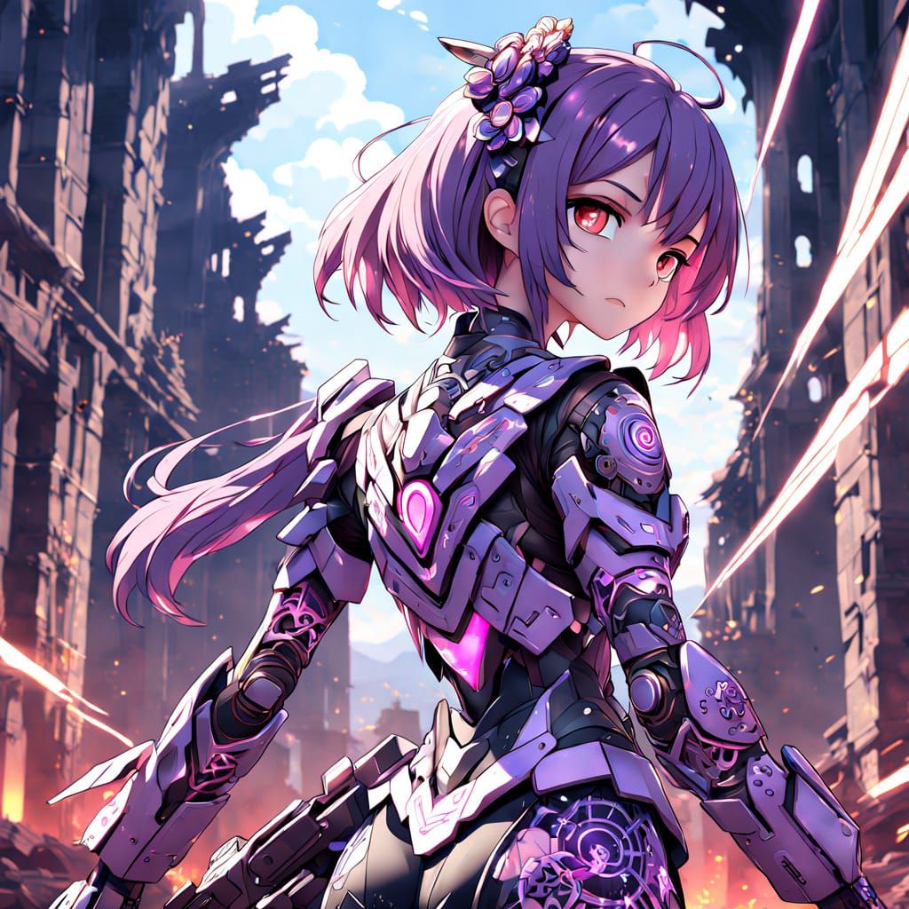 Anime Woman and Mecha in Ruins