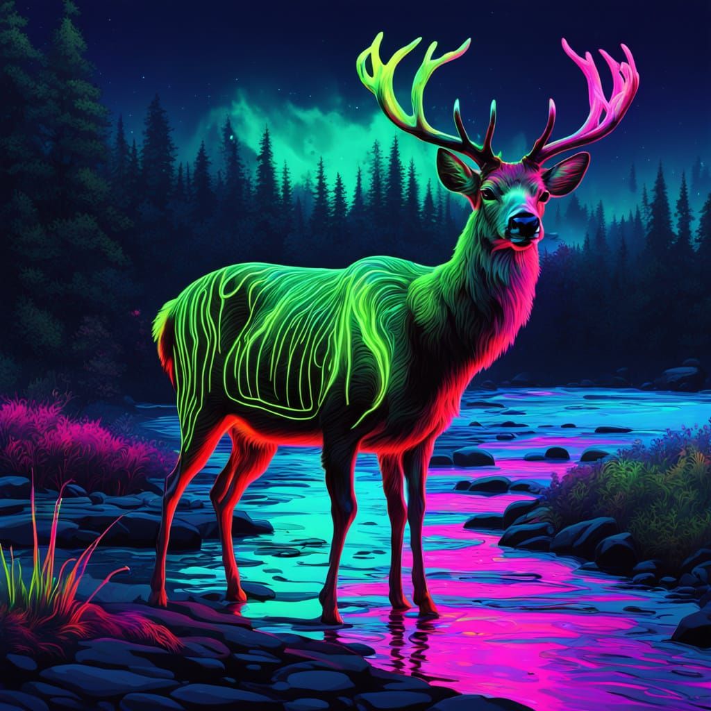 Neon Deer Beside Flowing River in Psychedelic Swirls