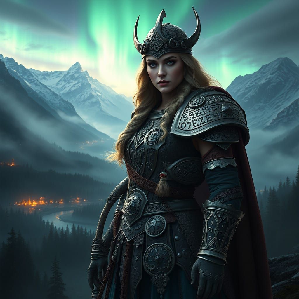 Viking Warrior Queen in Ethereal Norse Landscape