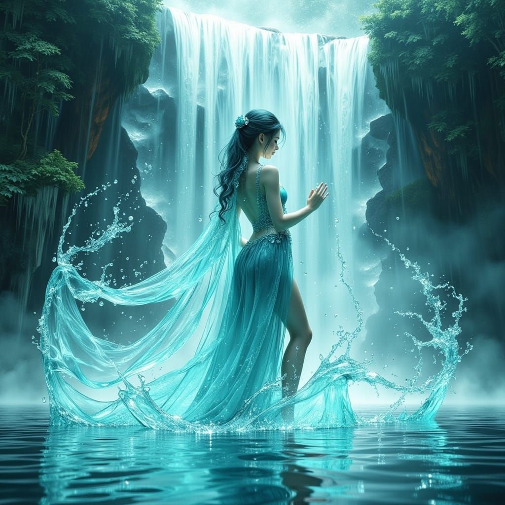 Water Spirit Plays by Waterfall in 3D Anime Style