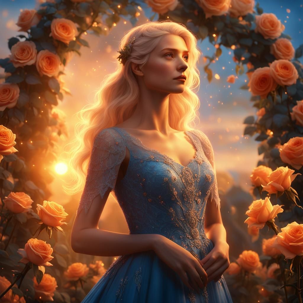 Sunrise Rose Garland on Woman: Digital Matte Painting