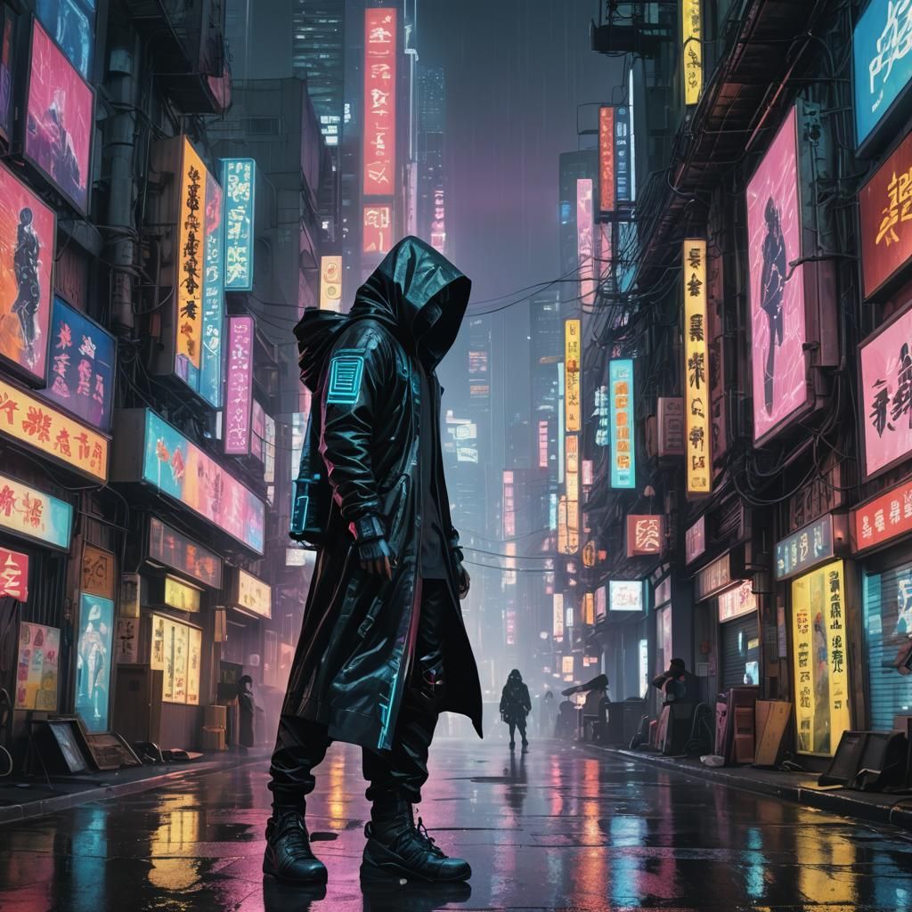 Neon Cyberpunk Alleyway Inspired by Shirow Masamune
