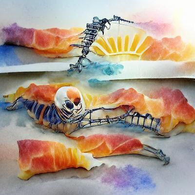 Watercolor Skeleton at Sunrise
