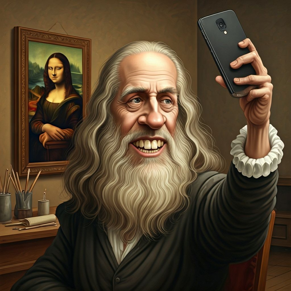 Humorous Da Vinci Selfie in Renaissance Studio