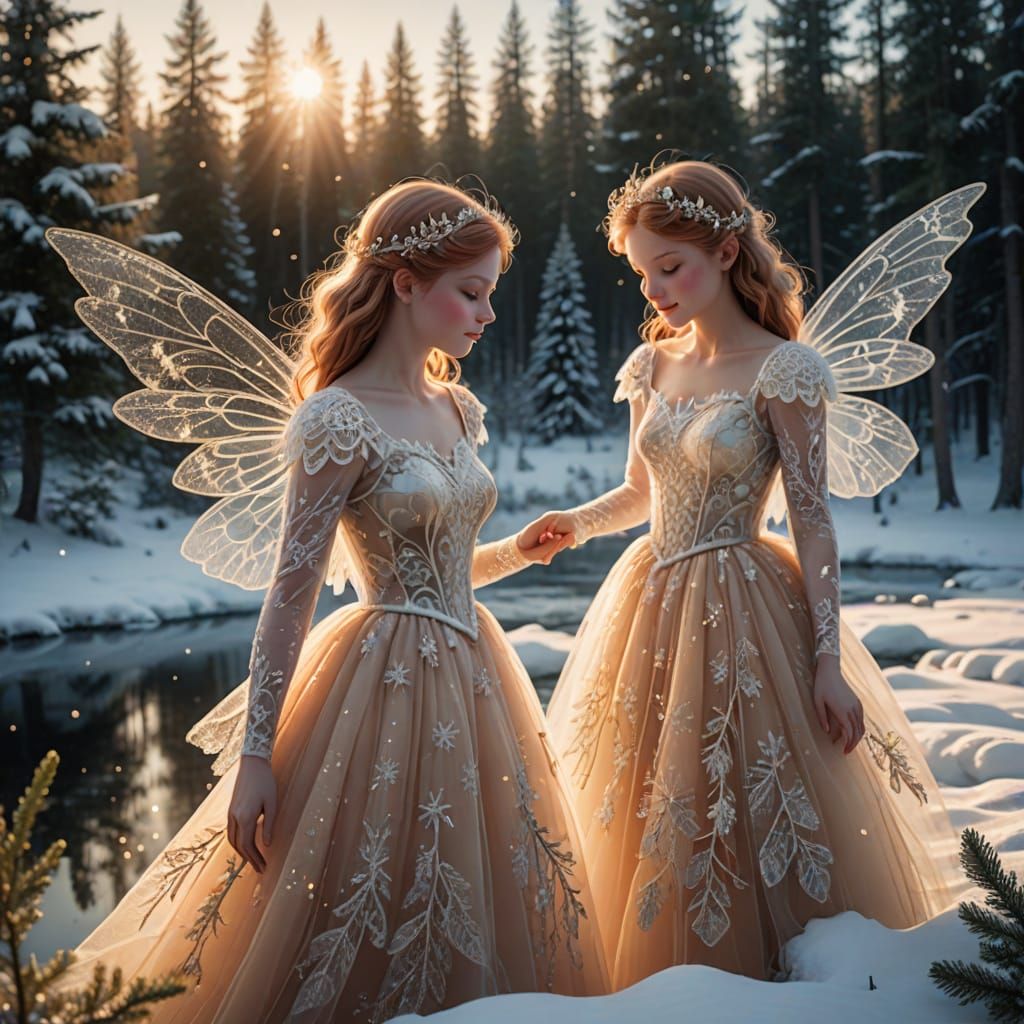 Ethereal Fairies Build Snowman in Golden Hour Winter Scene