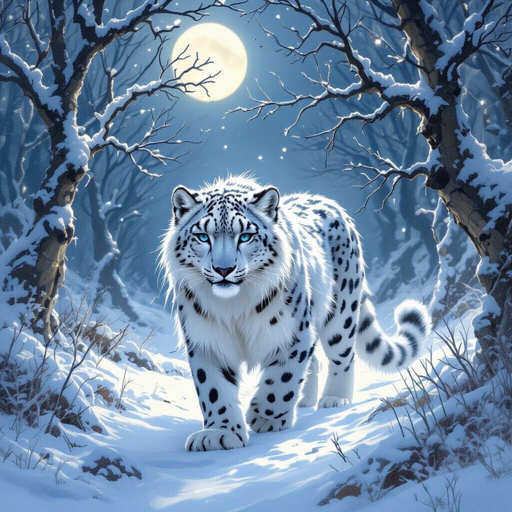 Moonlit Snow Leopard in Fantasy Forest