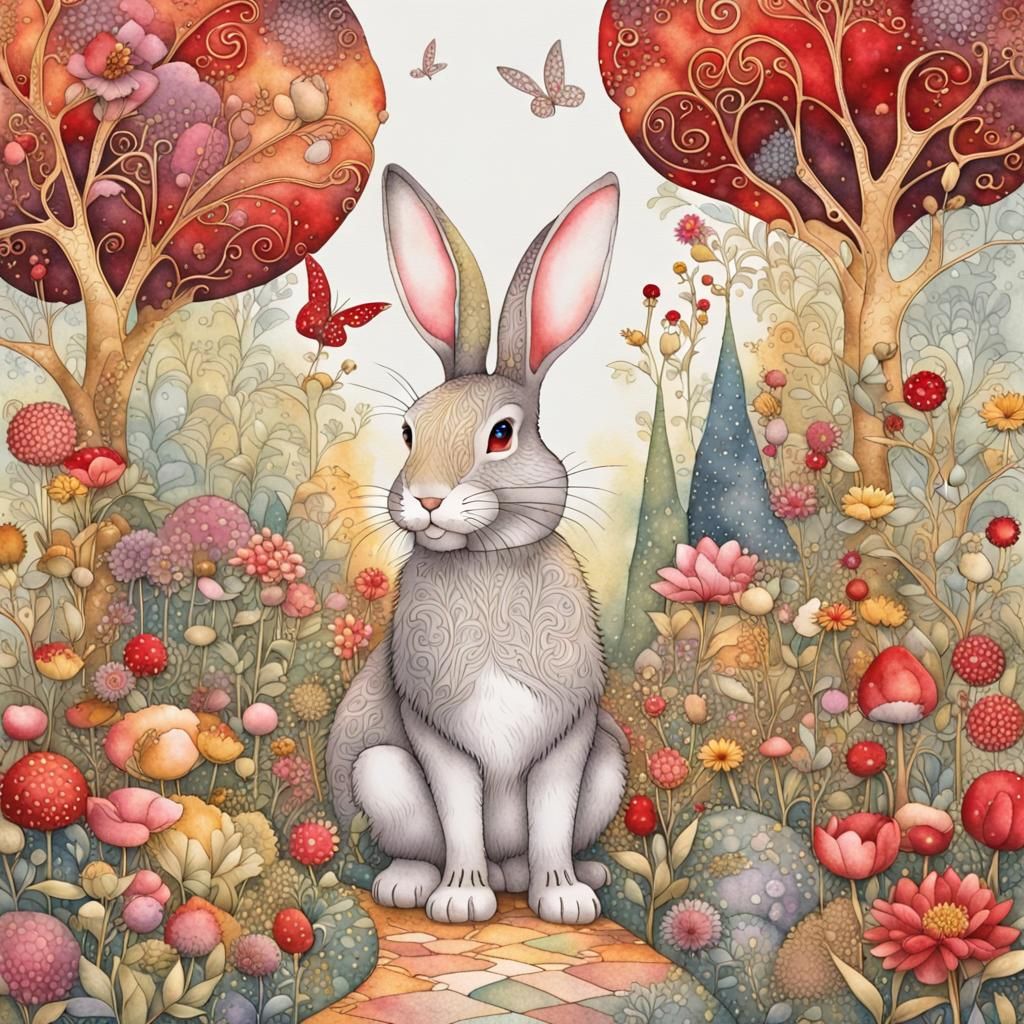 Bunny Exploring Magical Garden in Watercolor Art