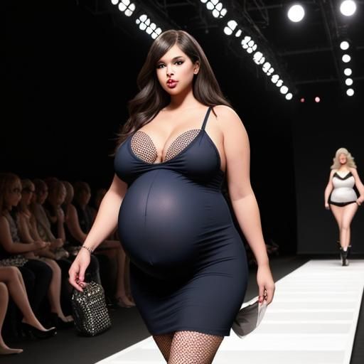 BBW Pregnant Model on Runway in Fishnets