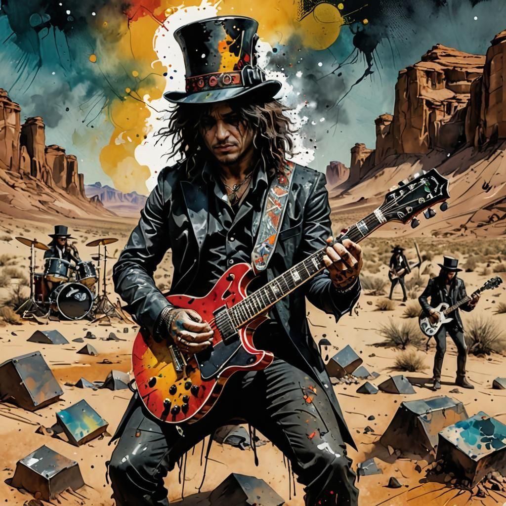 Desert Guitarist: Vibrant, Detailed Fantasy Artwork