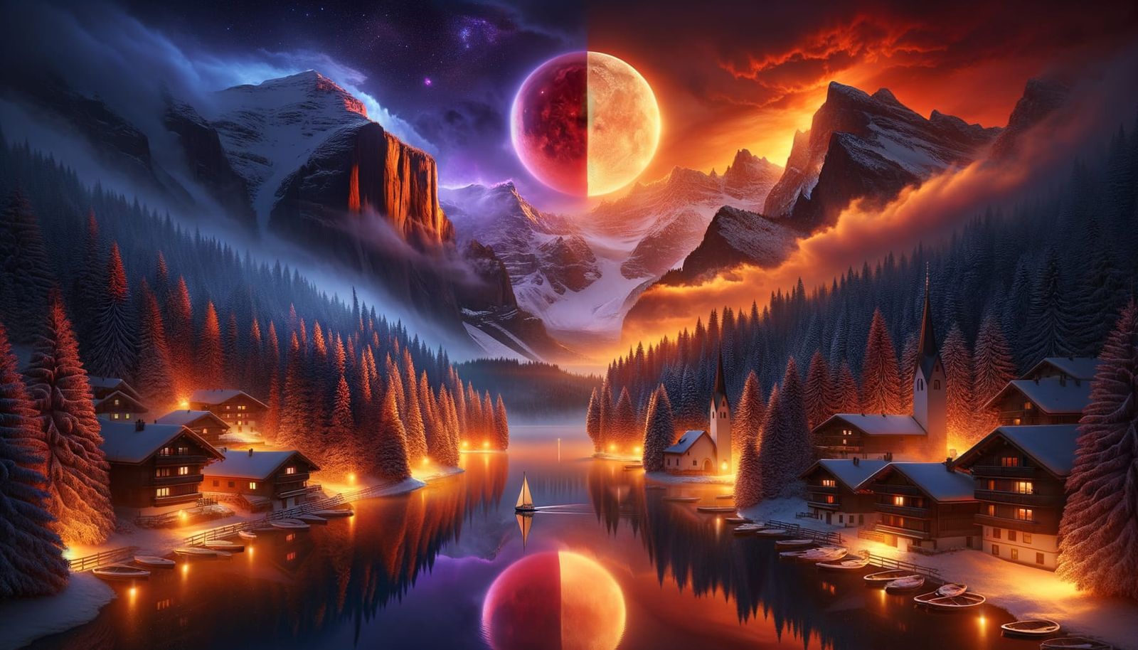 Cinematic Alpine Village Under Dual Sky