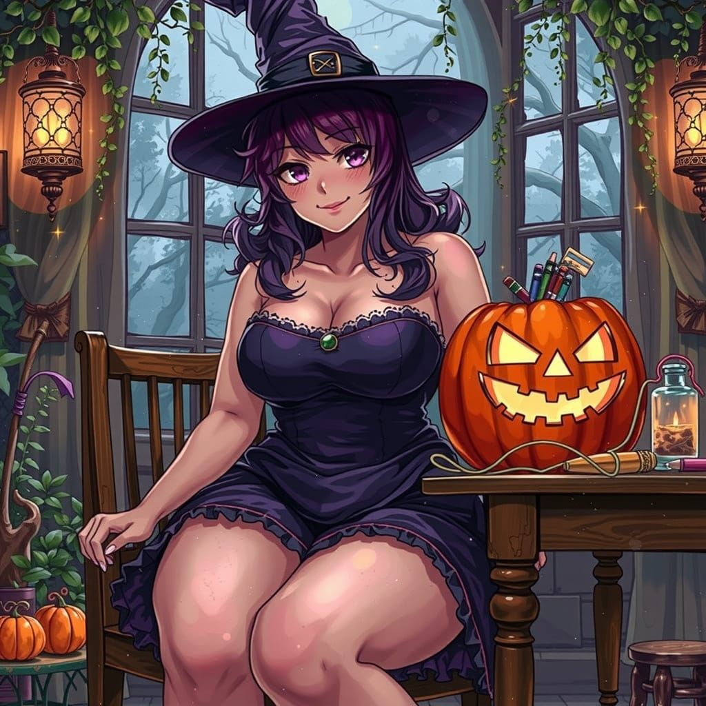 Anime Witch Woman in Black Attire Studies Magic in a Modern ...