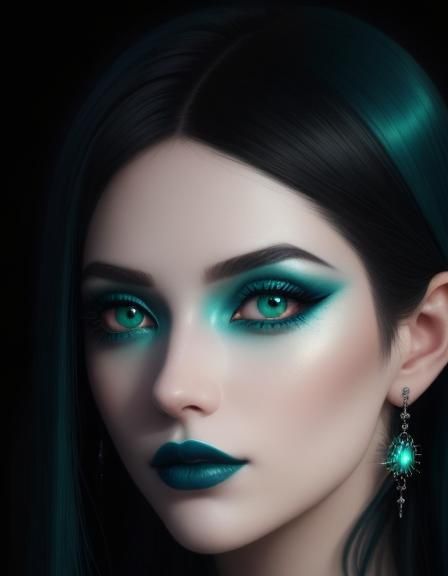 Ethereal gothic young lady with black hair with dark teal green hair highlights and bluish green eyes with cobalt blue e...