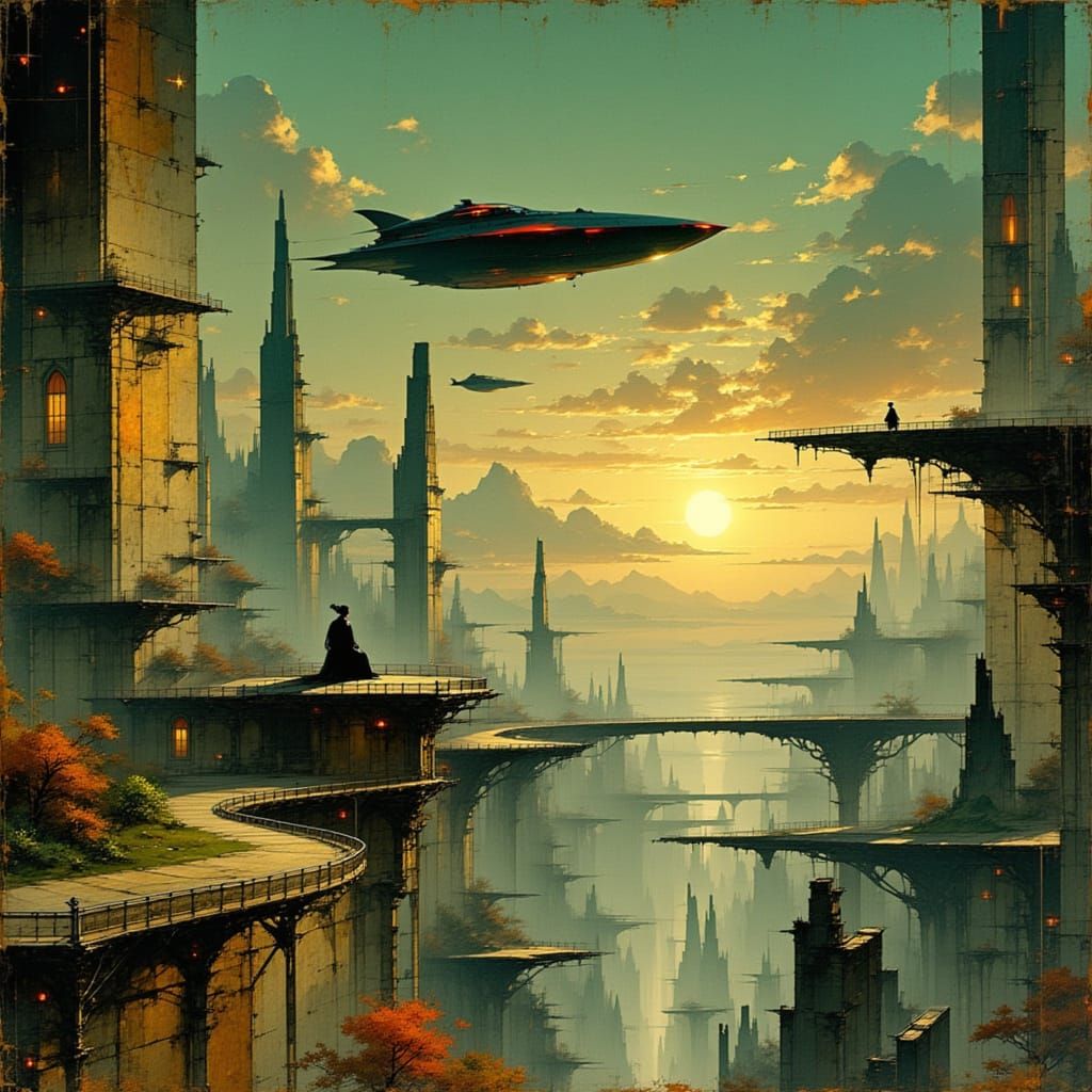 Twilight Cityscape: Retro-Futuristic Art Deco Metropolis