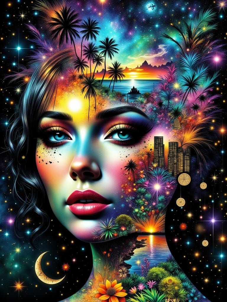 Surreal Face Collage: Beach, Cosmic, Woodland, City Scenes