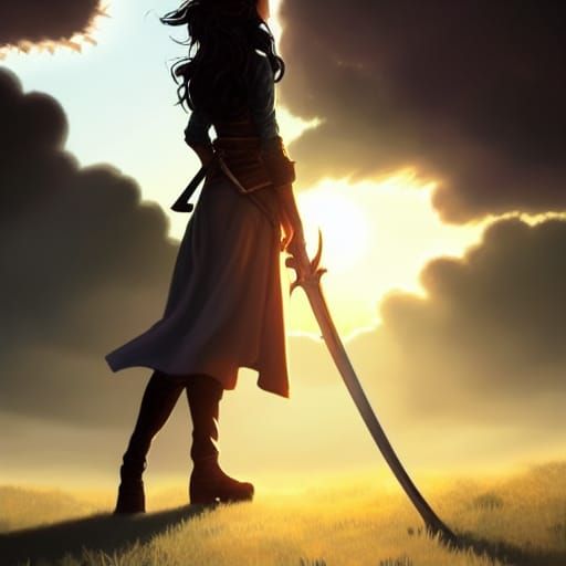 Girl with Sword in Twilight, Art Nouveau Style