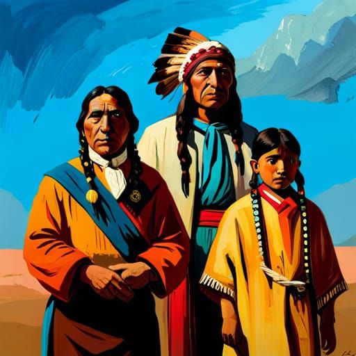 Native American Generations in 1800s Oil Painting