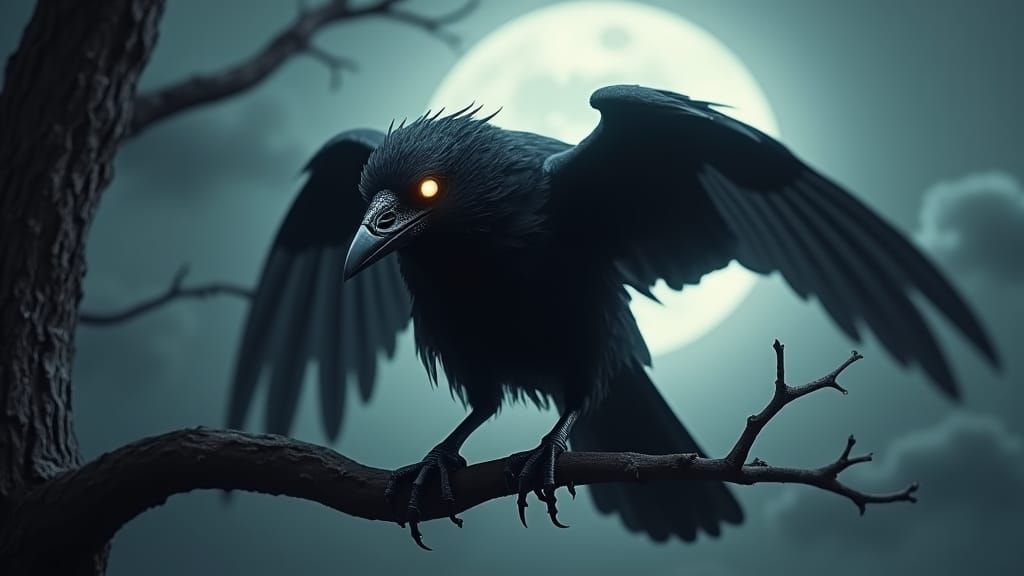 Menacing Crow Perched on Barren Branch in Moonlight