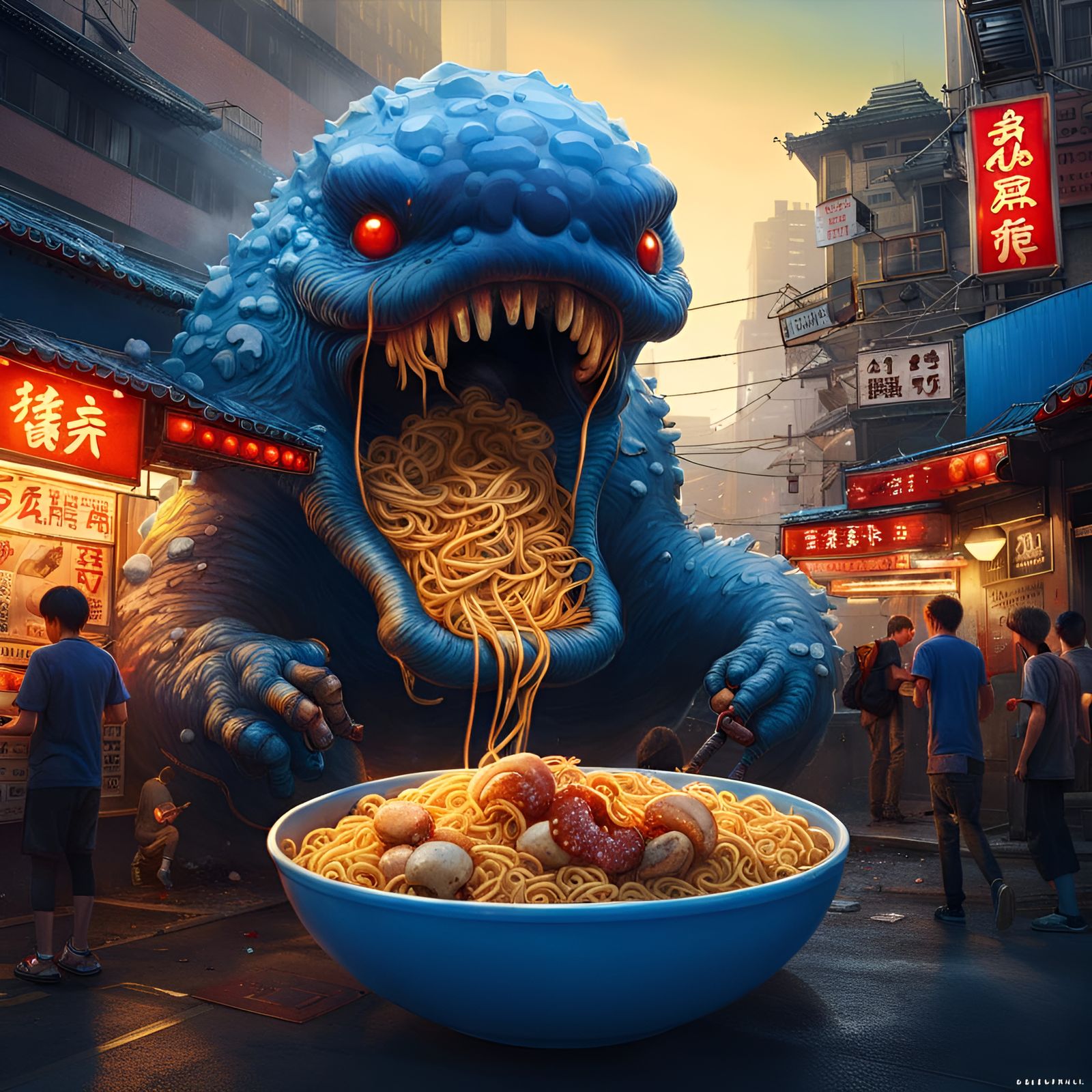 Blue Mushroom Kaiju Monster Eats Ramen